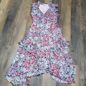 Floral Ruffle V-Neck Midi Dress in Pink and Blue